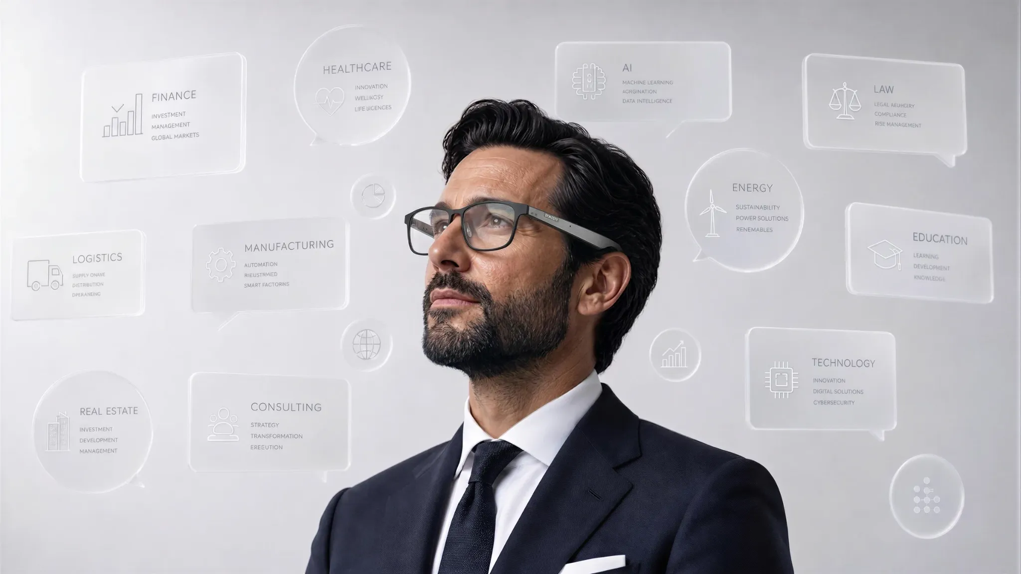 Promotional image of a man wearing smart glasses with industry labels in the background