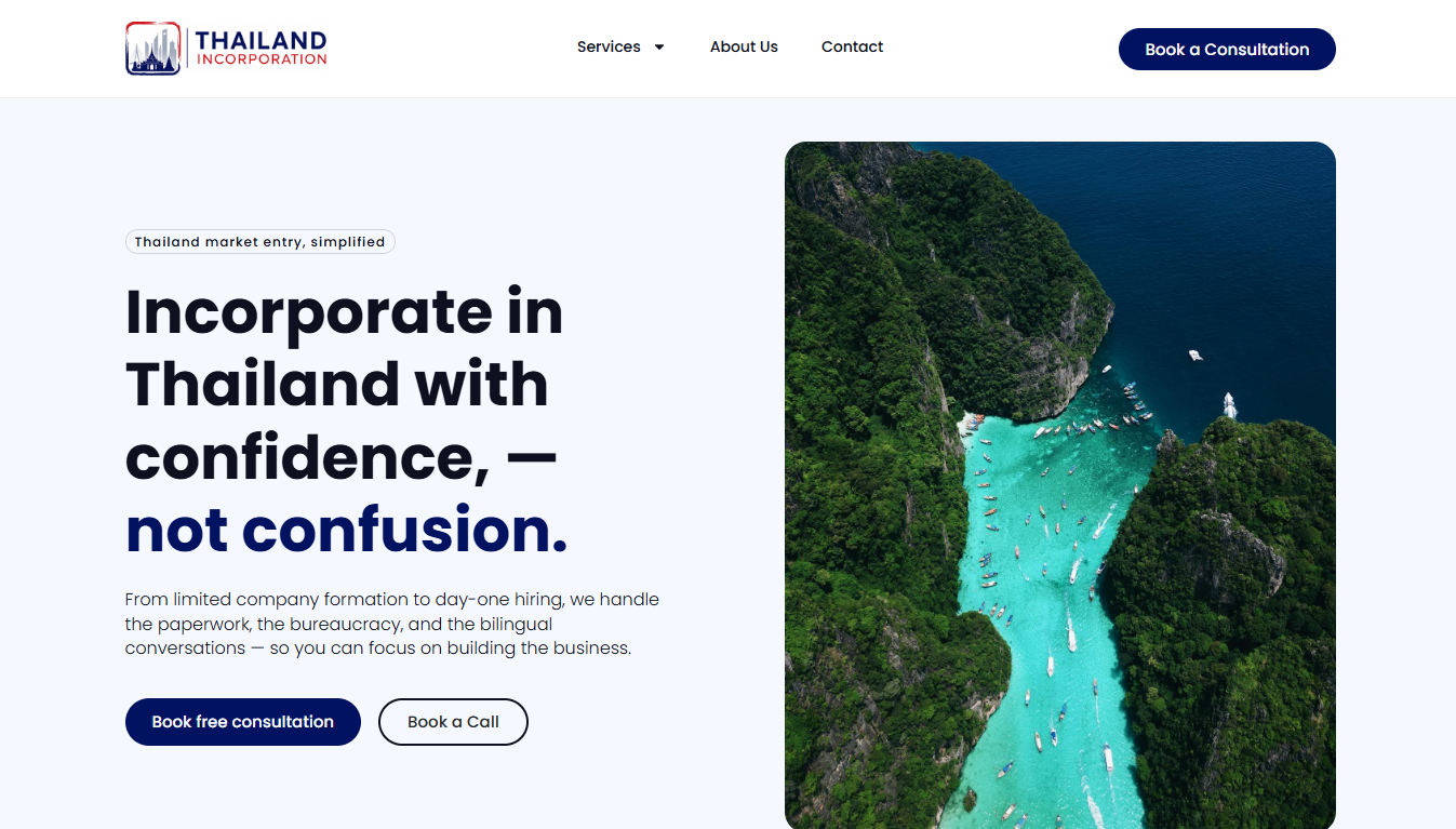 Thailand Company Incorporation website screenshot supplied for the company formation comparison