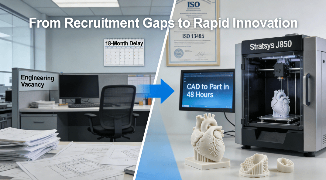 Contrast image showing engineering vacancy challenges versus medical-grade 3D printing solution for accelerating device development, highlighting 40% faster iteration cycles. medical-device-recruitment-rapid-prototyping-solution.jpg