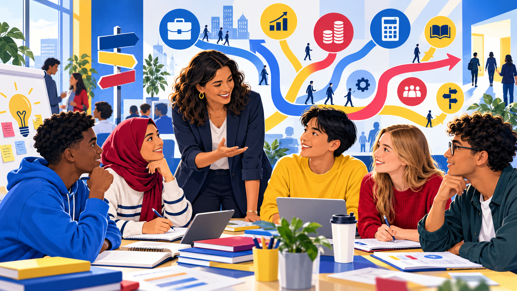 Editorial illustration of young people receiving careers guidance and exploring routes into business, accountancy and finance.