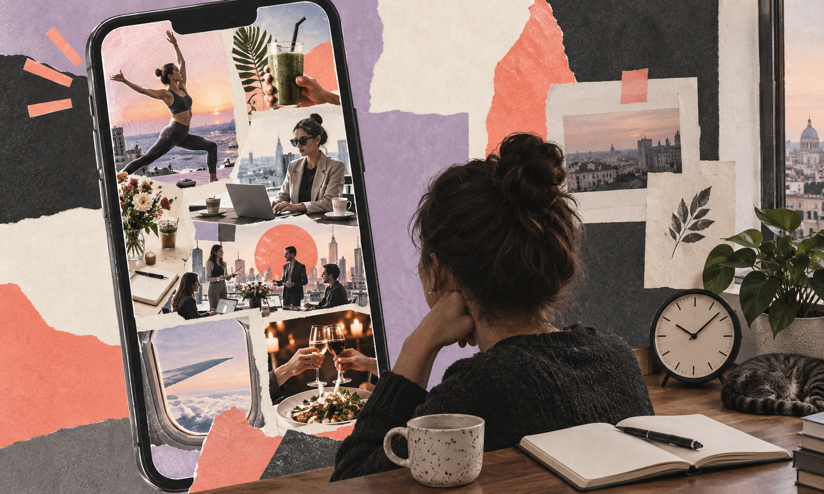 Editorial collage contrasting an idealised social-media working day on a phone with a person sitting at an ordinary desk.