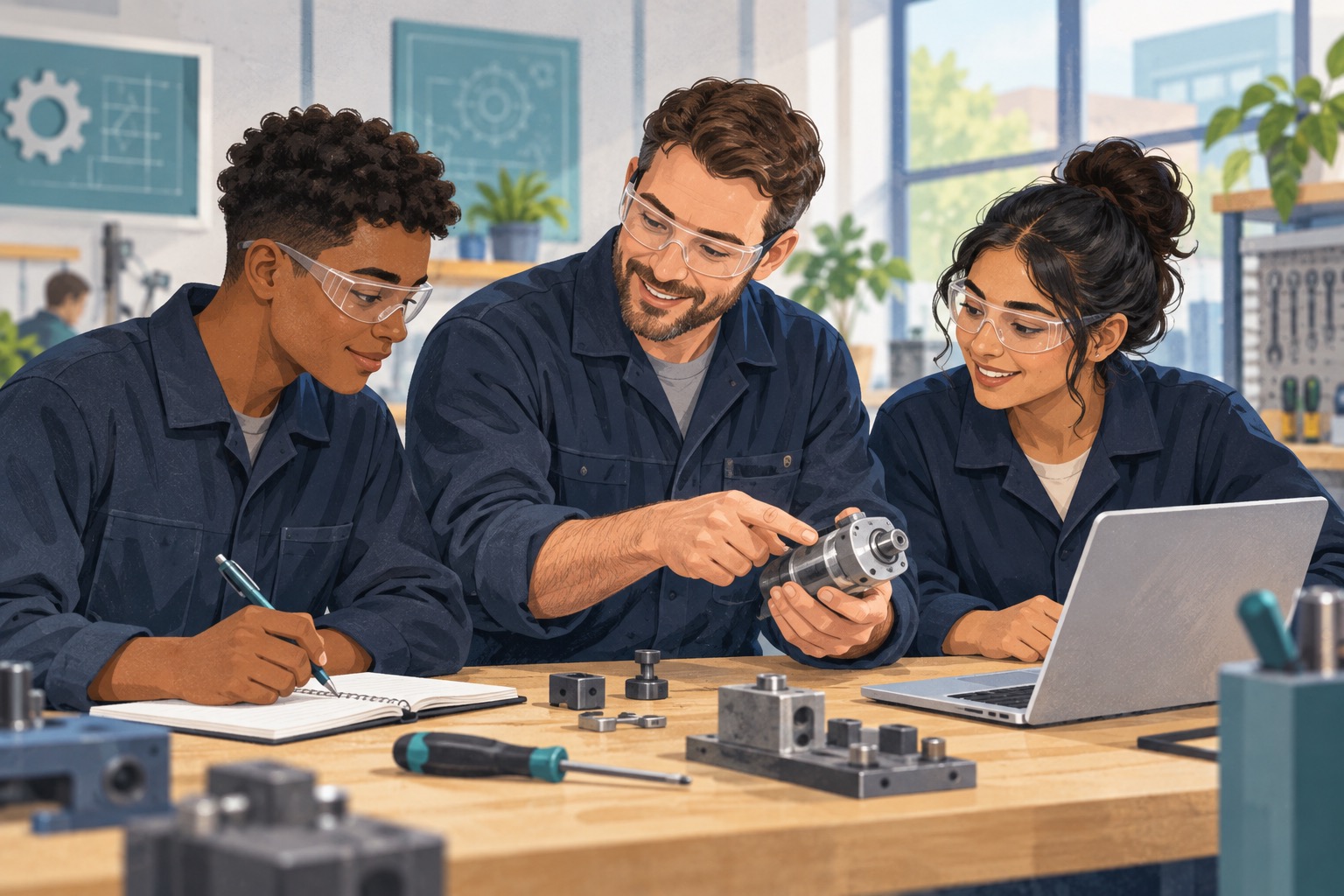 Editorial illustration of two young apprentices learning practical skills with a workplace mentor