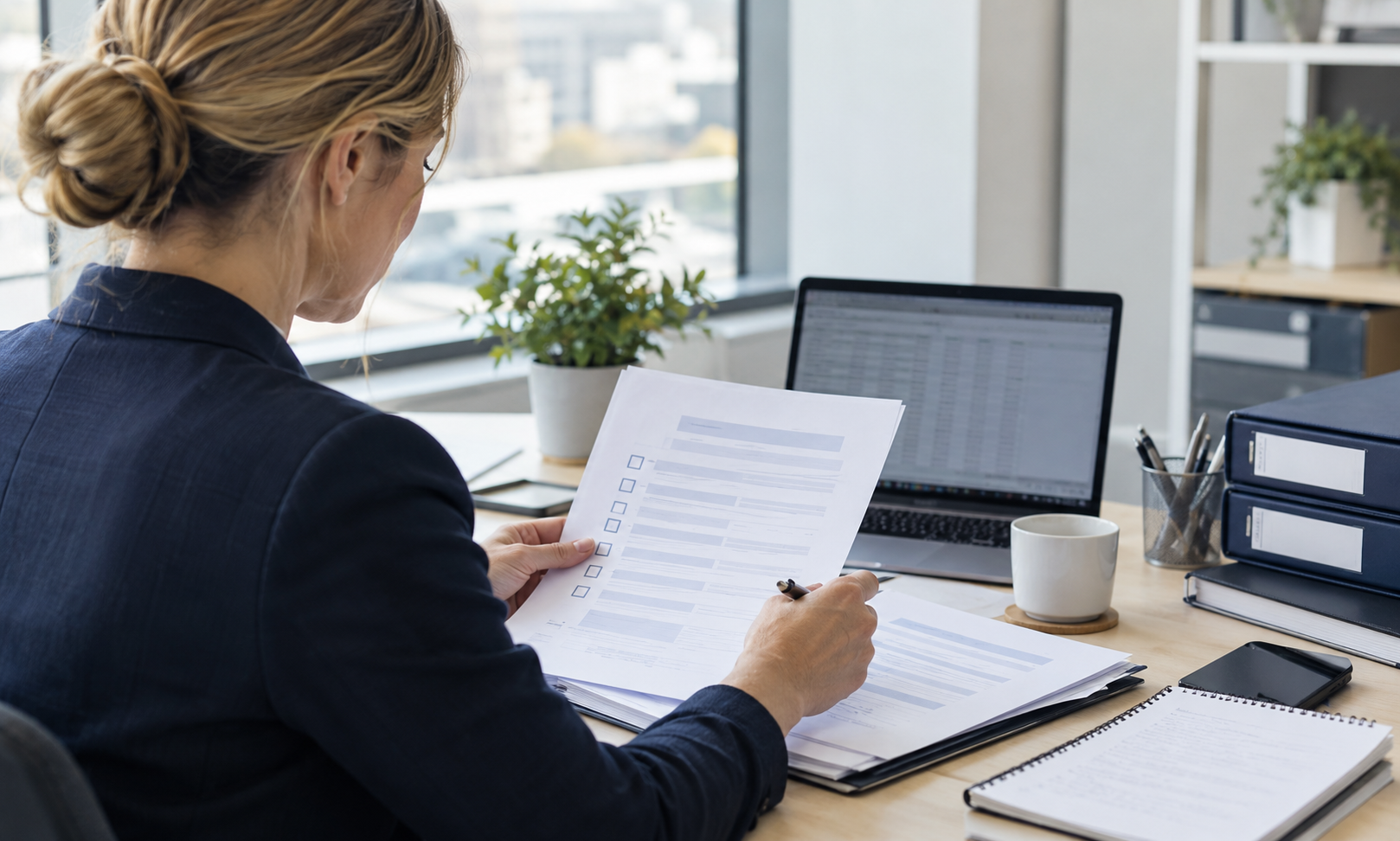 Recruitment compliance review Recruitment professional reviewing compliance paperwork