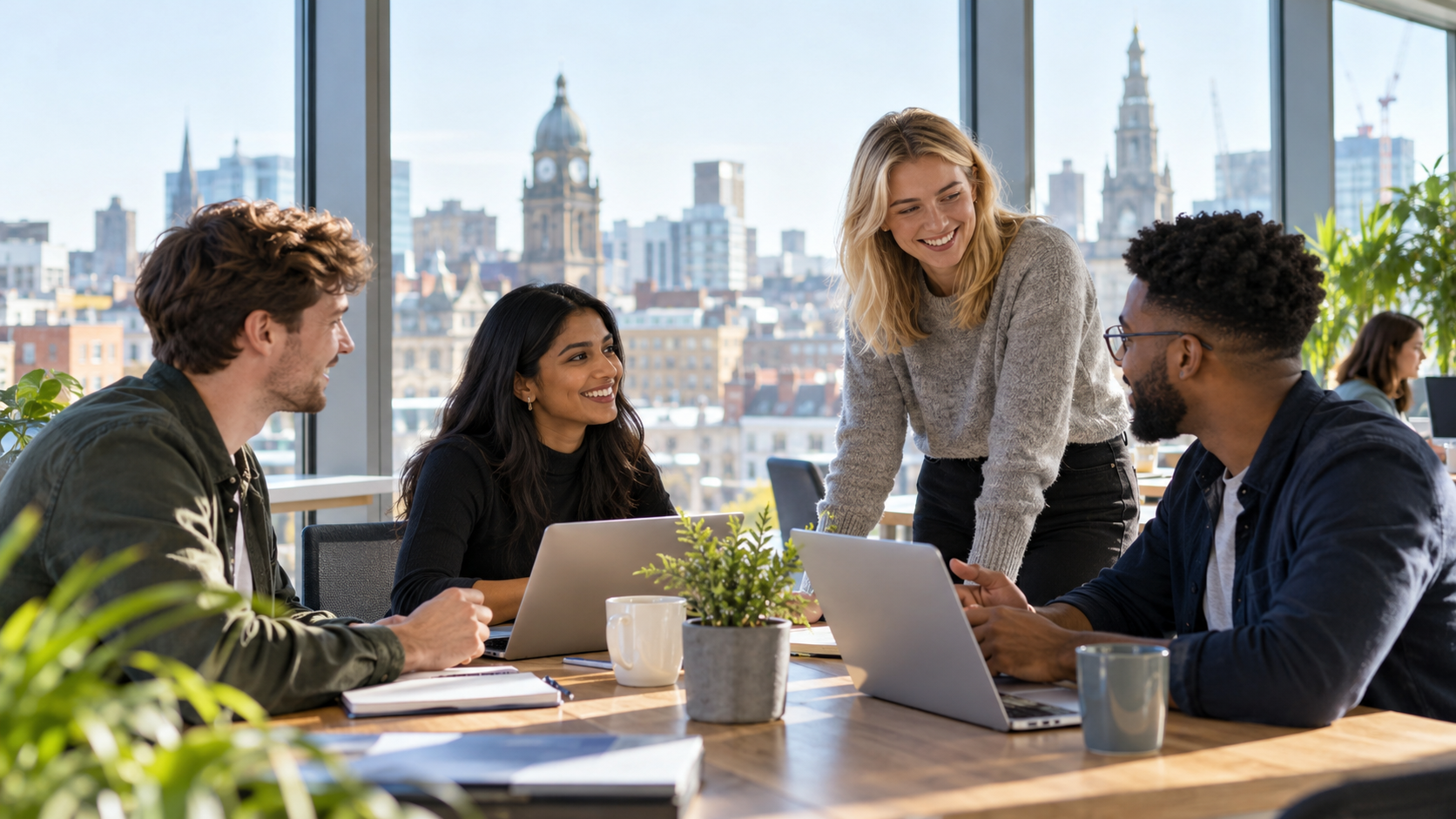 Young professionals collaborating in a Leeds office