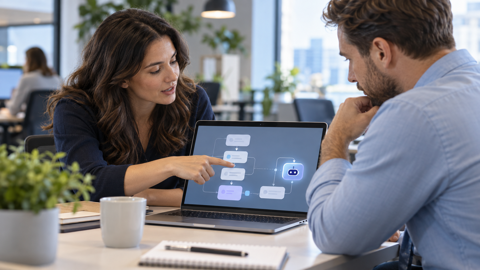 Illustration of HR colleagues reviewing an AI supported people workflow on a laptop