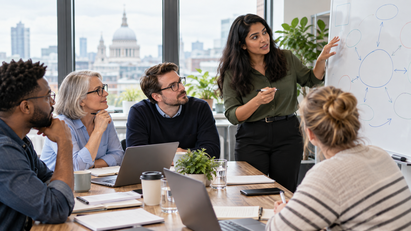 Colleagues of different generations discussing workplace communication at a meeting