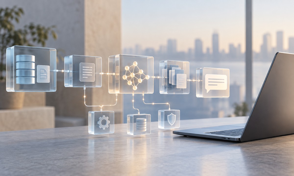 Conceptual illustration of connected data blocks and a laptop representing AI observability