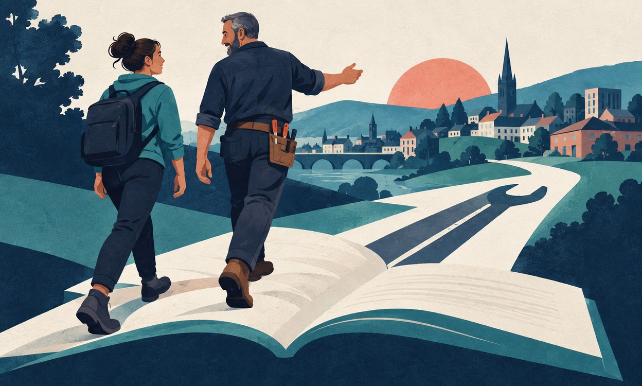 Illustration of an apprentice and mentor following a learning pathway