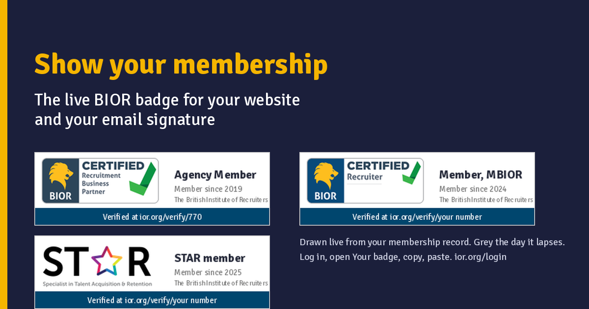 BIOR artwork showing live agency, recruiter and STAR membership badges with verification links