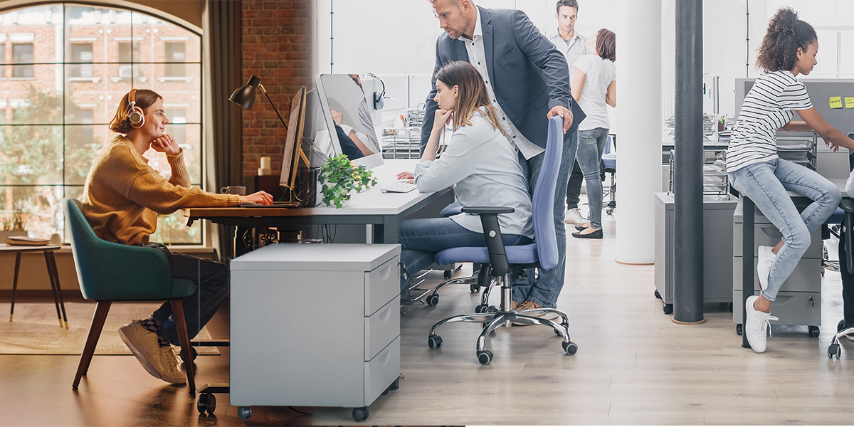Composite image contrasting a person working from home with colleagues working together in an office.