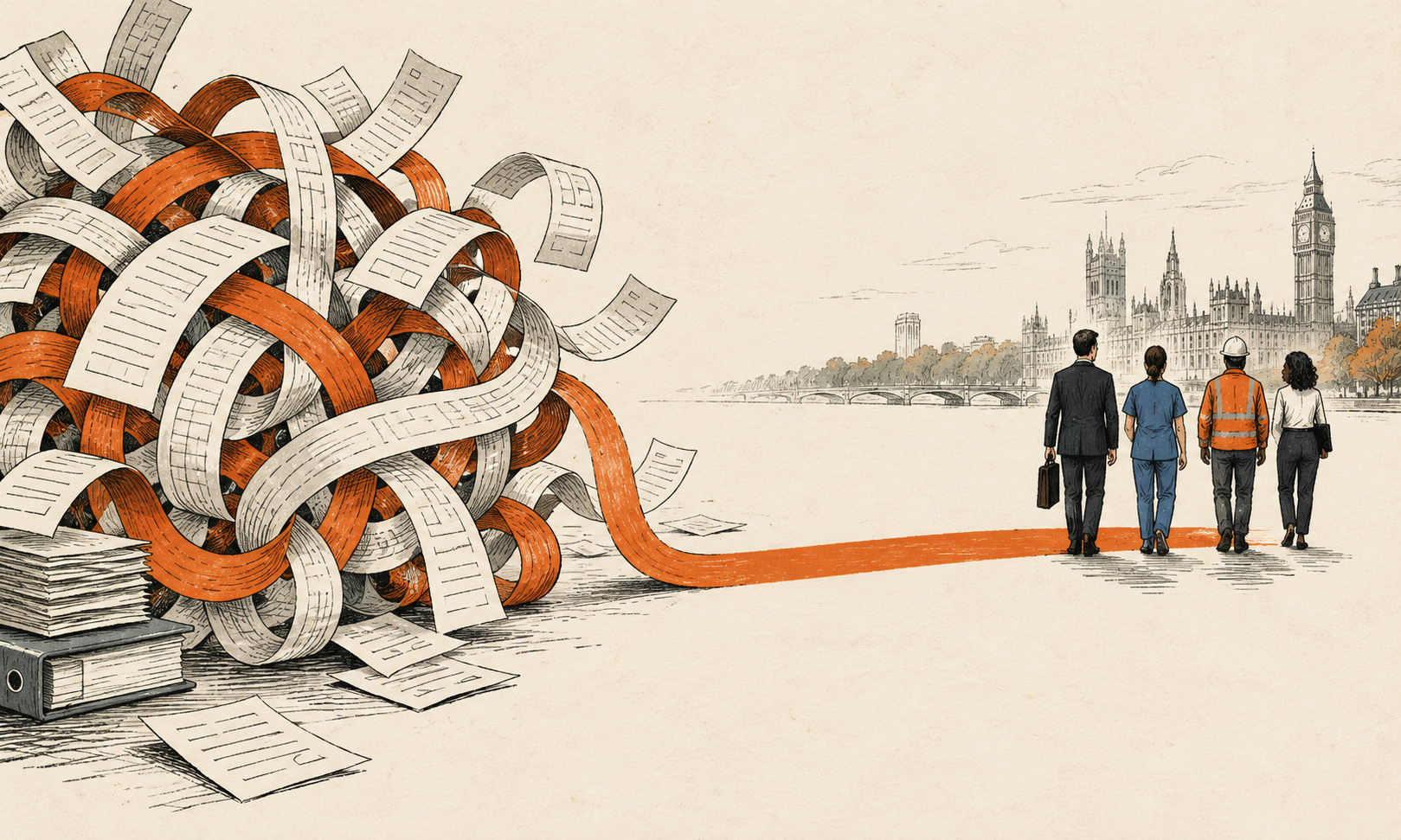Ink illustration of tangled paperwork becoming a clear path towards workers, with Parliament in the background.
