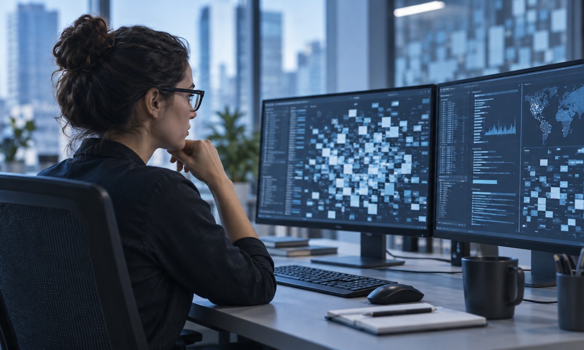 Illustration of a cybersecurity analyst reviewing fragmented data