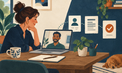 Editorial illustration of a small-business owner interviewing a remote candidate, with identity and employment verification cards.