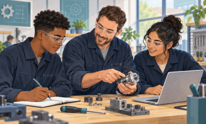 Editorial illustration of two young apprentices learning practical skills with a workplace mentor