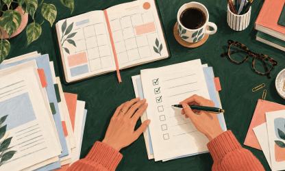 Editorial illustration of an HR professional reviewing a checklist beside a planner and policy documents.