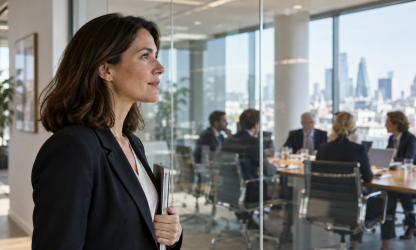 Finance professional looking toward a boardroom meeting