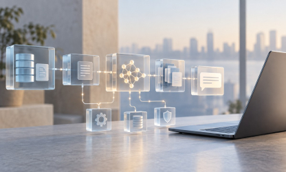 Conceptual illustration of connected data blocks and a laptop representing AI observability