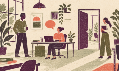 Editorial illustration of colleagues in an open office, with a speech bubble and open doorway representing safe reporting.