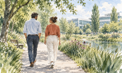 Watercolour illustration of two colleagues taking a walk along a tree-lined path outside an office.