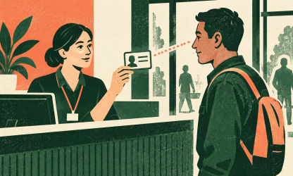 Editorial illustration of a receptionist comparing a generic identity card with a worker arriving