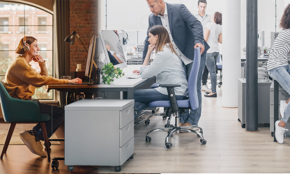 Composite image contrasting a person working from home with colleagues working together in an office.