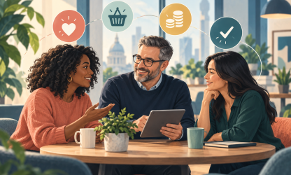 Editorial illustration of colleagues discussing employee benefits, with symbols for health, everyday savings and financial wellbeing.