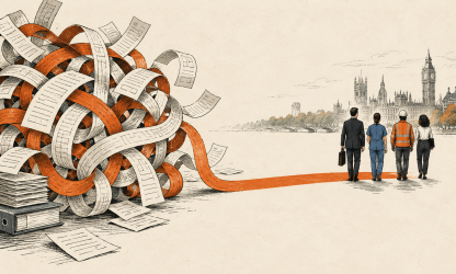 Ink illustration of tangled paperwork becoming a clear path towards workers, with Parliament in the background.