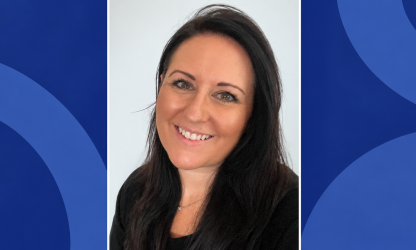 Sally Charlton, Senior HR Business Partner at Gi Group, pictured within a blue geometric editorial frame.