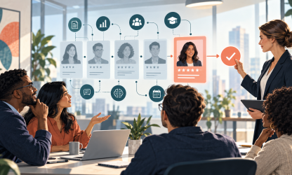 Editorial illustration of a recruitment team using a connected candidate decision board, with a manager making the final choice.