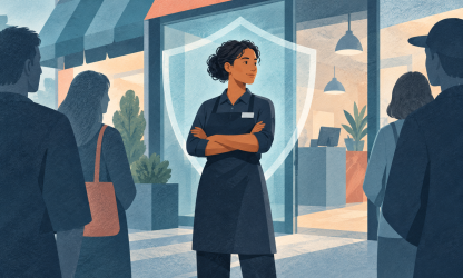 Illustration of a customer-facing worker protected by a shield motif in a workplace.