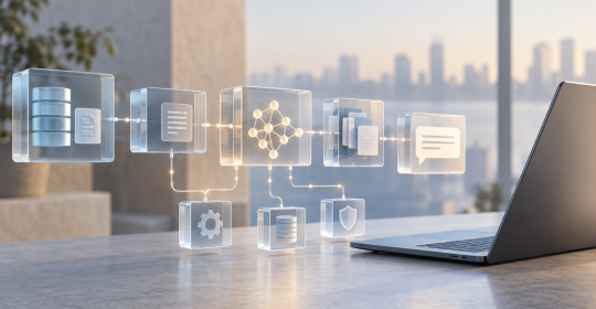 Conceptual illustration of connected data blocks and a laptop representing AI observability