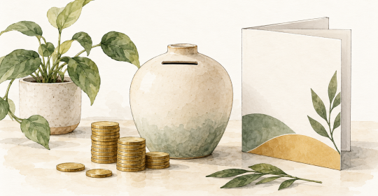 Watercolour illustration of a ceramic savings vessel, stacked coins, a benefits booklet and a leafy plant.