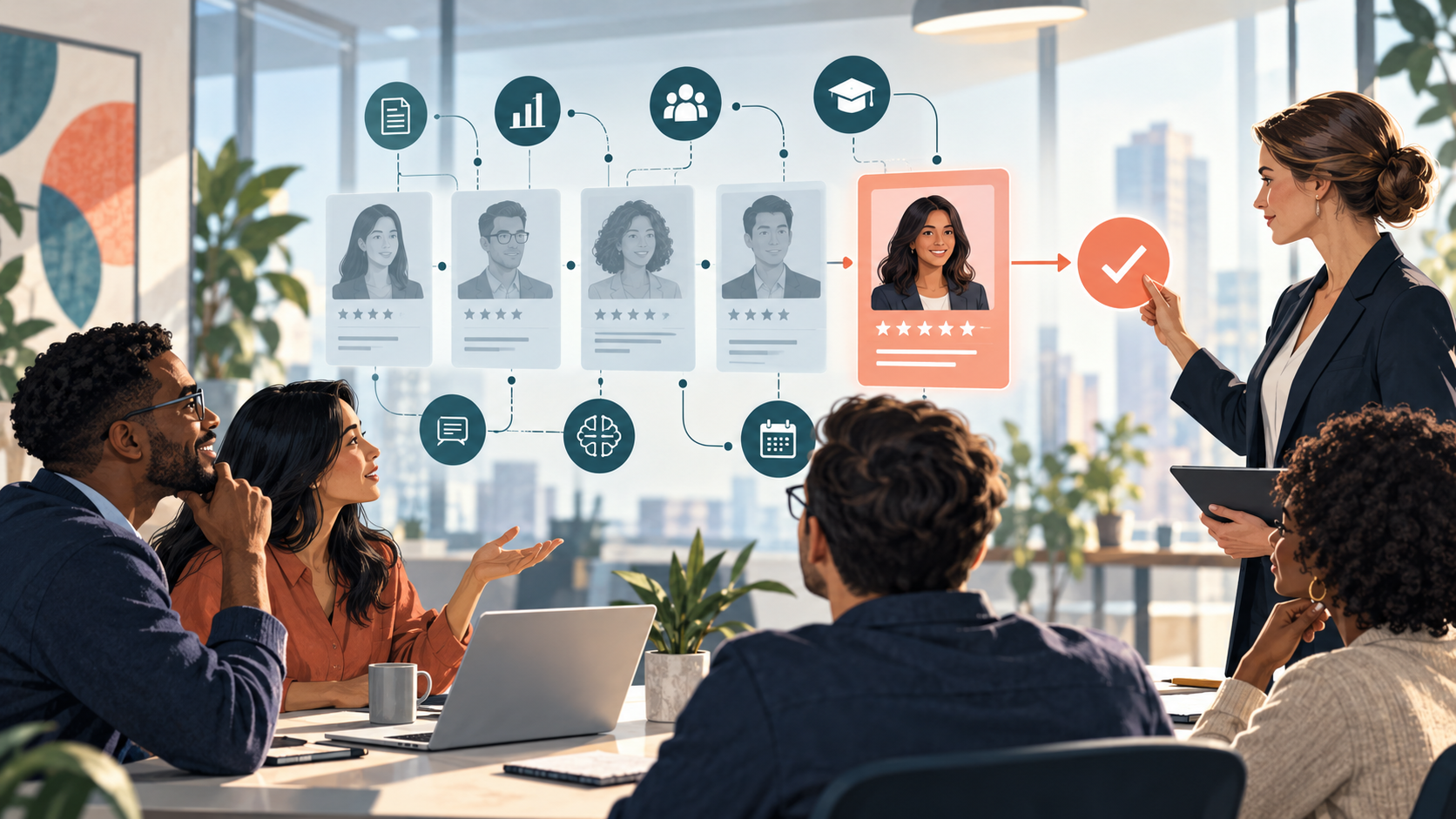 Editorial illustration of a recruitment team using a connected candidate decision board, with a manager making the final choice.