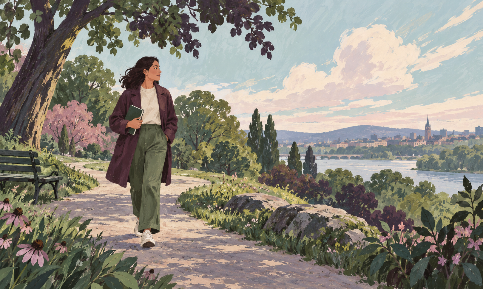 Painted editorial illustration of a person carrying a notebook while walking through a riverside park.